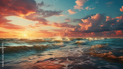  a painting of a sunset over a large body of water with a wave coming towards the shore and the sun peeking out of the clouds in the sky above the water.