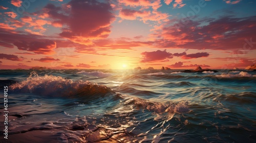  a painting of the sun setting over a body of water with waves in the foreground and a rocky outcropping in the middle of the foreground. © Shanti