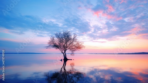  a lone tree sitting in the middle of a large body of water with a sunset in the back ground and a pink and blue sky in the middle of the background.