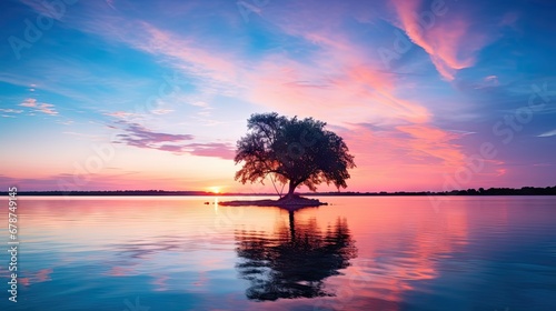  a lone tree on a small island in the middle of a large body of water with the sun setting in the background and clouds in the sky above the water. © Shanti