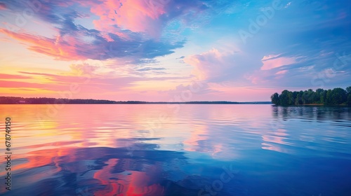  a large body of water with trees on the other side of it and a sky filled with clouds at the end of the day with a pink and blue sky.