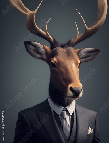 Elk is dressed elegantly in a suit with a lovely tie. An anthropomorphic animal poses for a fashion photograph with a charming human attitude. © Logo