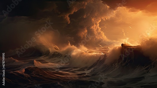  a painting of a man standing on top of a wave in the middle of a large body of water with a sky filled with clouds and sun shining behind him.