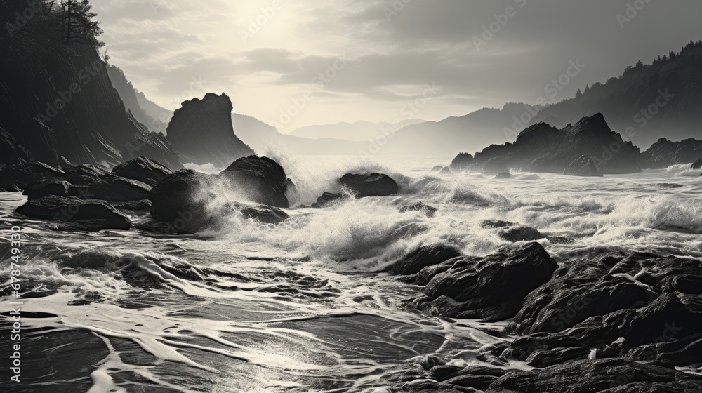  a black and white photo of waves crashing on a rocky shore with a mountain range in the distance in the distance in the distance is a body of water with rocks in the foreground.