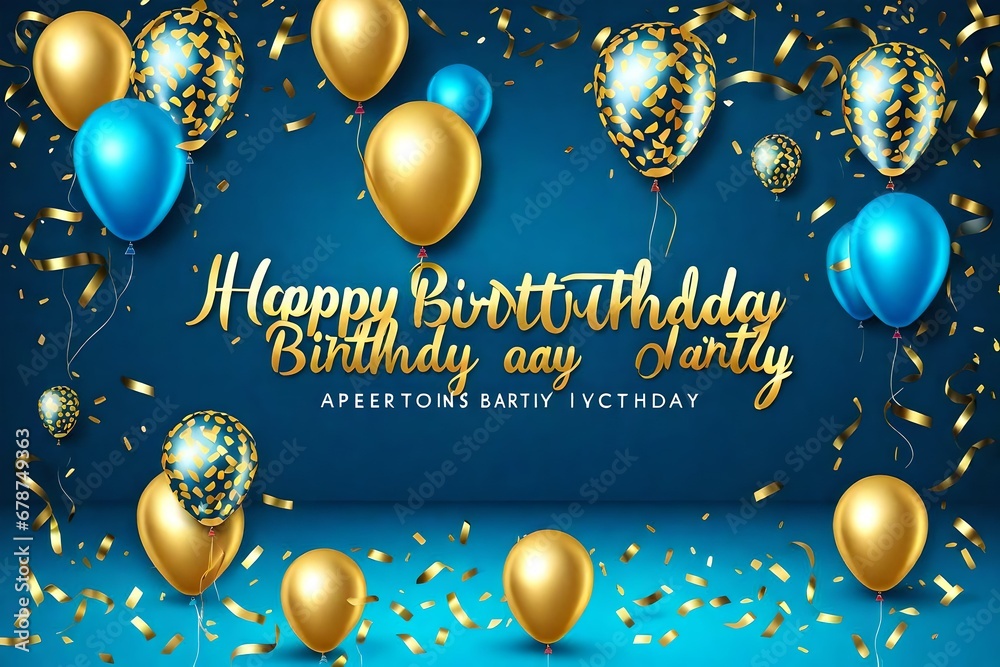 Vector happy birthday horizontal illustration on blue background with 3d realistic golden and black air balloon with text and glitter confetti. Holiday design for greeting card. party banner design