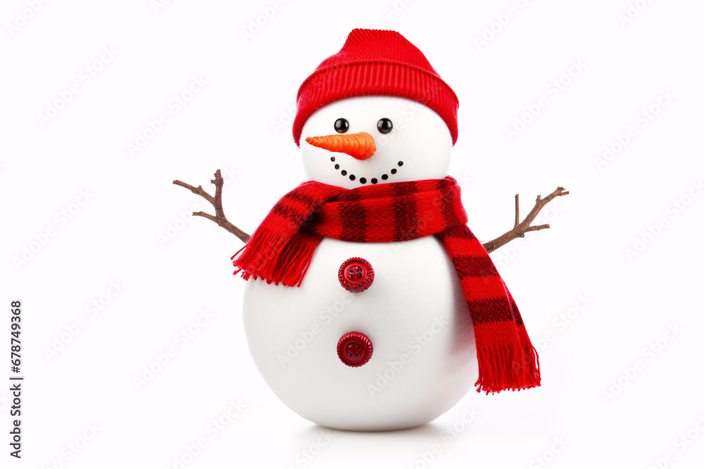 An isolated white background showcases a snowman adorned with a red scarf and Santa-style cap. An isolated white background showcases a snowman adorned with a red scarf and Santa-style cap.