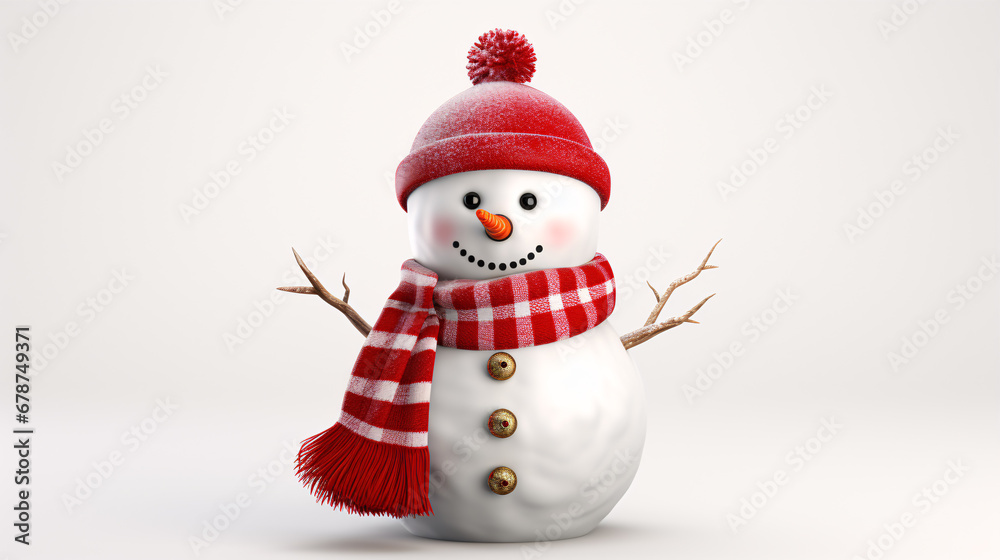 A snowman, sporting a red scarf and Santa hat, sits alone on a white backdrop.