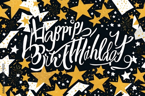 Happy Birthday.Beautiful greeting card scratched calligraphy black text word gold stars. Hand drawn invitation T-shirt print design. Handwritten modern brush lettering white background isolated vector