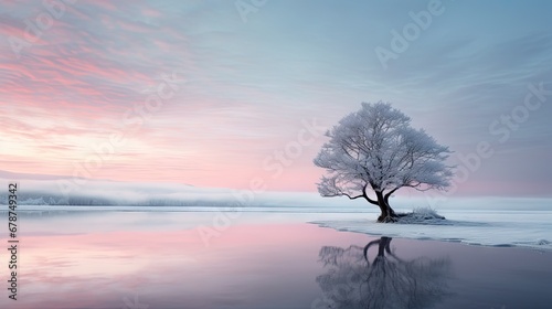  a lone tree on a small island in the middle of a body of water with a pink and blue sky in the background and some clouds in the foreground. © Shanti