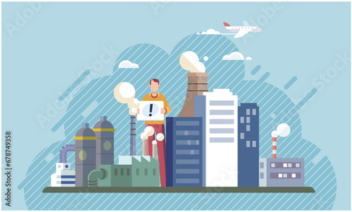 Industrial pollution. Dirty waste. Environmental pollution. Vector illustration. Air and water pollution are serious threats to our wellbeing Factory emitting smoke has become symbol environmental