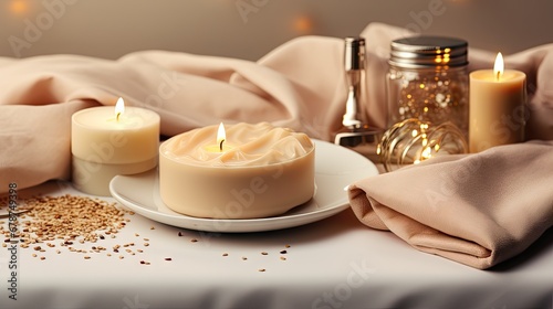  a white plate topped with a cake covered in frosting next to two candles and a jar of gold flakes on top of a table cloth covered with gold flakes.