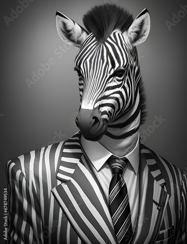 Zebra is dressed elegantly in a suit with a lovely tie. An anthropomorphic animal poses for a fashion photograph with a charming human attitude.