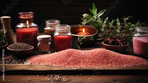  a wooden table topped with lots of different types of candles and containers filled with different types of stuff next to a bowl of seeds and a candle on a wooden table.