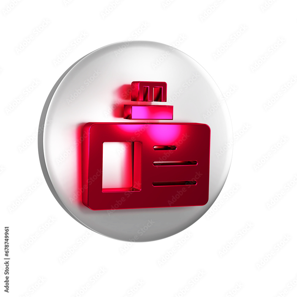 Red Identification badge icon isolated on transparent background. It can be used for presentation, identity of the company, advertising. Silver circle button. Red Identification badge icon isolated on transparent background. It can be used for presentation, identity of the company, advertising. Silver circle button.