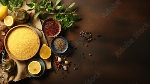  a table topped with bowls of food next to lemons and peppercorst on top of a wooden table next to a knife and a bowl of salt and pepper grinder.