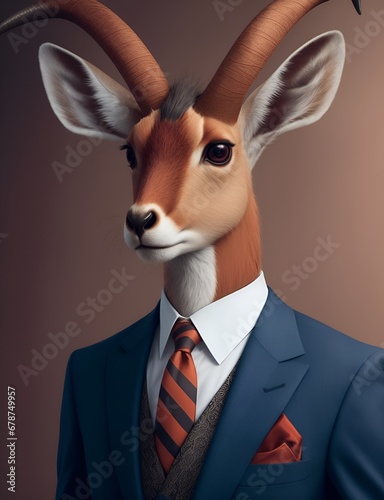 Antelope is dressed elegantly in a suit with a lovely tie. An anthropomorphic animal poses for a fashion photograph with a charming human attitude.
