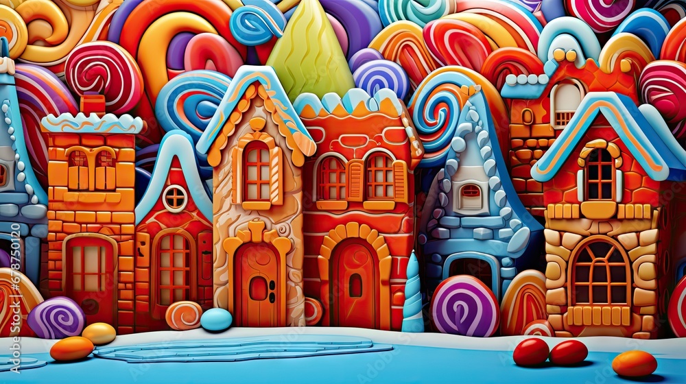  a painting of a group of houses with candy in the foreground and candy on the ground in the foreground, in front of a backdrop of a blue sky.