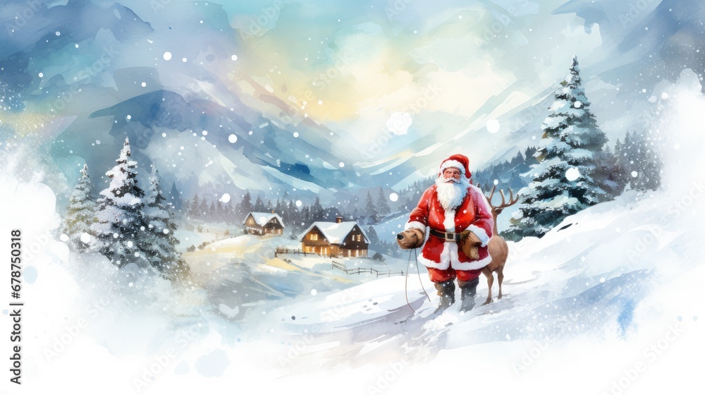  a painting of a santa clause standing in the snow with a bag of gifts in his hand and a reindeer in the foreground with a snowy mountain in the background.