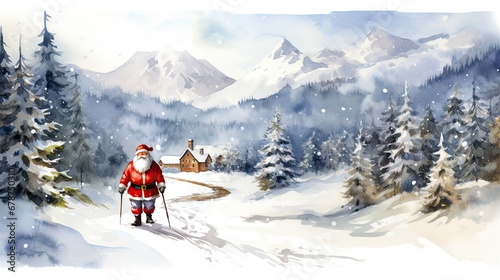  a painting of a man in a santa suit on skis in front of a snowy landscape with a cabin in the distance and a mountain range in the background.