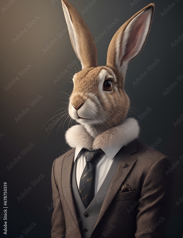 Hare is dressed elegantly in a suit with a lovely tie. An anthropomorphic animal poses for a fashion photograph with a charming human attitude.