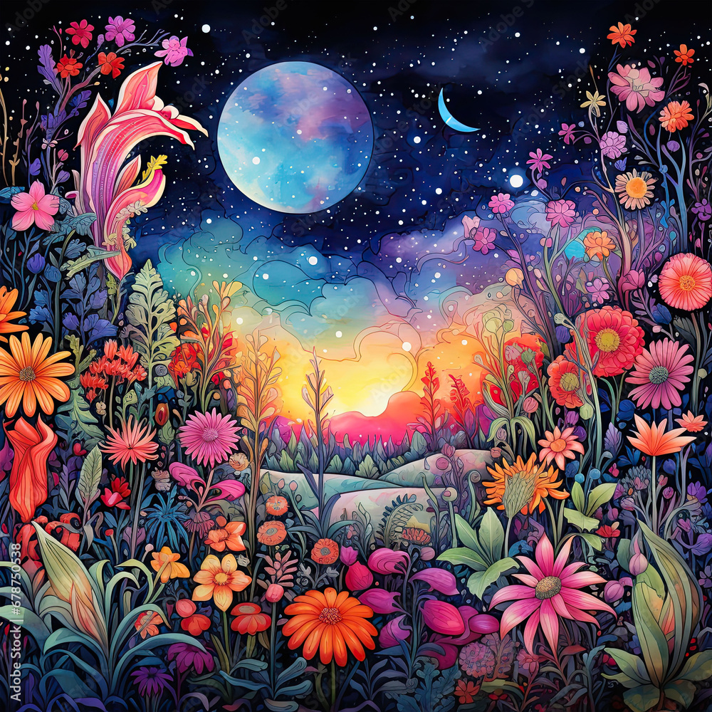 Surreal Floral Fantasy - Vibrant JPG Garden with Cosmic Blooms and Sky Contrast
