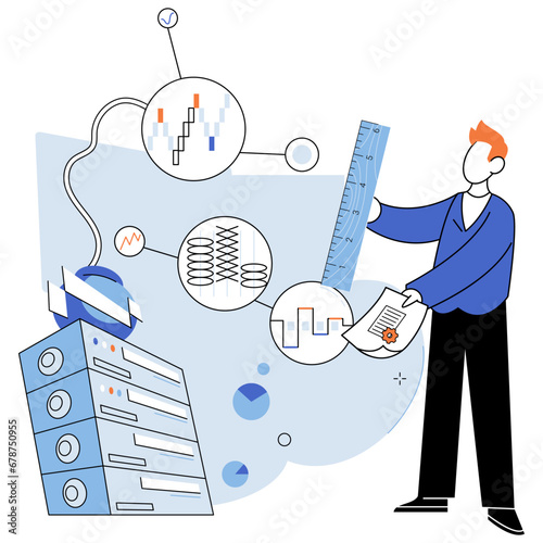 Key metrics. Vector illustration. The report presents key metrics to gauge marketing success Financial metrics are essential for tracking financial performance and profitability Statistics play