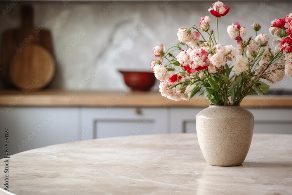 Empty marble table with a vase of flowers in front of the blurred background of kitchen interior Empty marble table with a vase of flowers in front of the blurred background of kitchen interior