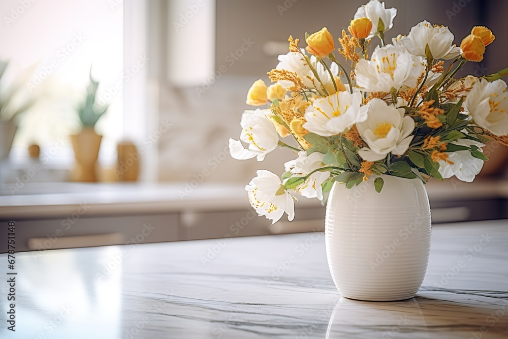 Empty marble table with a vase of flowers in front of the blurred background of kitchen interior