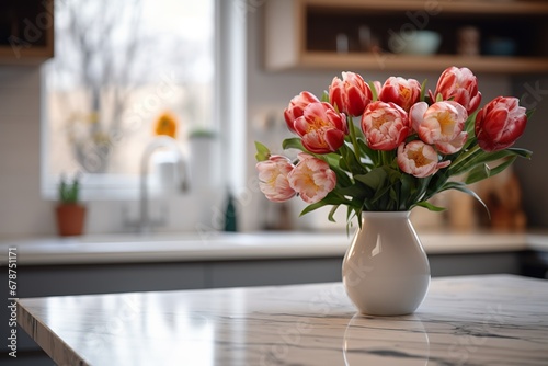 Empty marble table with a vase of flowers in front of the blurred background of kitchen interior © JetHuynh