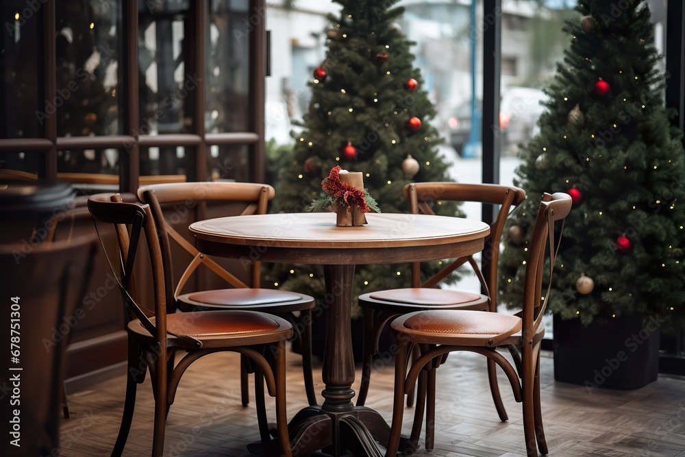 Obraz premium Empty round wooden table and chairs in coffee shop cafe christmas theme decoration