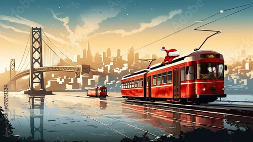  a painting of a red trolley on a city street with a bridge in the background and a santa claus hat on the top of one of one of the car.