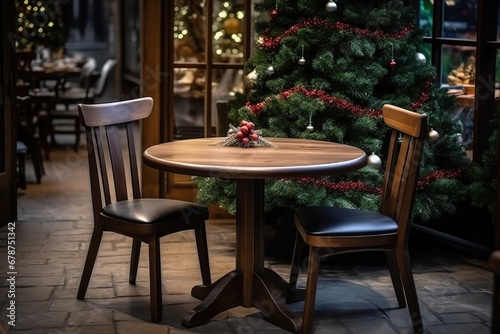 Empty round wooden table and chairs in coffee shop cafe christmas theme decoration