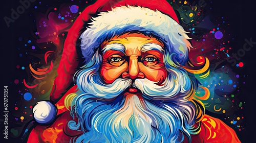  a close up of a santa clause wearing a santa claus hat and holding a bag of presents in front of a black background with multicolored snowflakes.