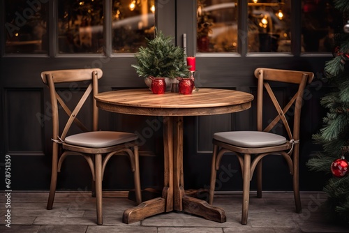 Empty round wooden table and chairs in coffee shop cafe christmas theme decoration © JetHuynh