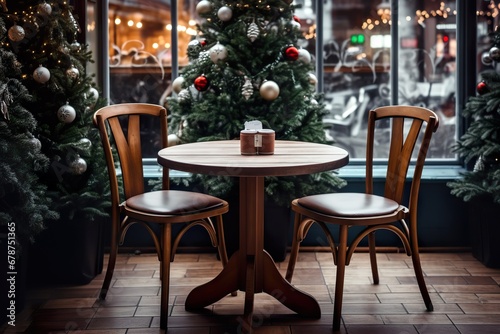 Empty round wooden table and chairs in coffee shop cafe christmas theme decoration