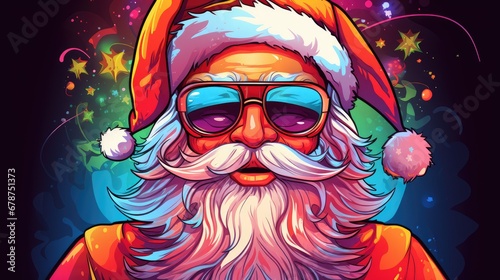  a digital painting of a santa clause wearing sunglasses and a santa hat with a beard and mustache, wearing sunglasses and a santa's hat with stars on a black background.