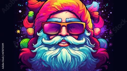  a digital painting of a santa clause wearing sunglasses and a santa hat with a colorful beard and mustache, with stars and bubbles in the background of the night sky.