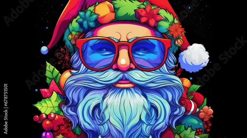  a digital painting of a santa claus wearing sunglasses and a santa hat with holly wreaths and poinsettis around his neck, on a black background with stars and snowflakes.