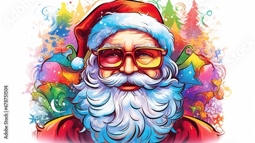  a drawing of a santa claus wearing sunglasses and a santa hat with christmas decorations around him on a white background with a splash of paint splats all over it.