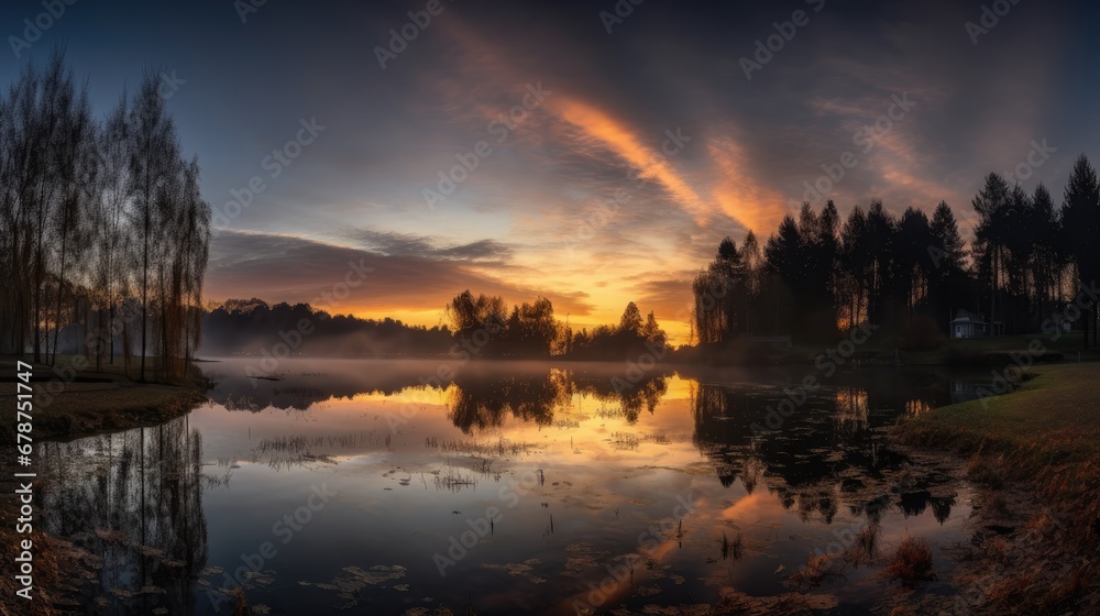  a body of water with trees in the background and a sunset in the middle of the water with clouds in the sky and in the middle of the water is a body of water.
