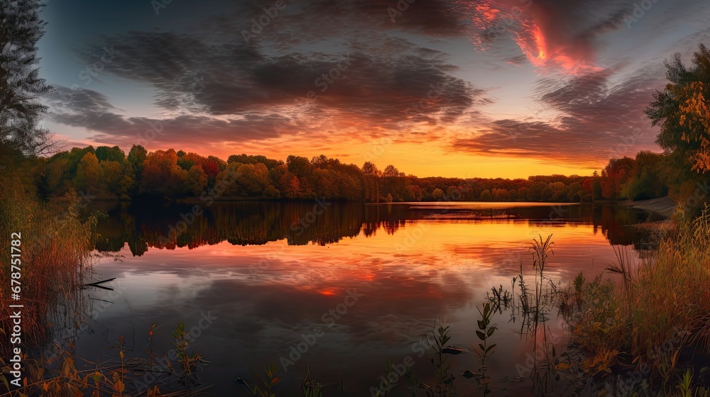  a lake surrounded by tall grass and trees with a colorful sunset in the background with clouds in the sky and in the foreground is a body of water with reeds in the foreground.