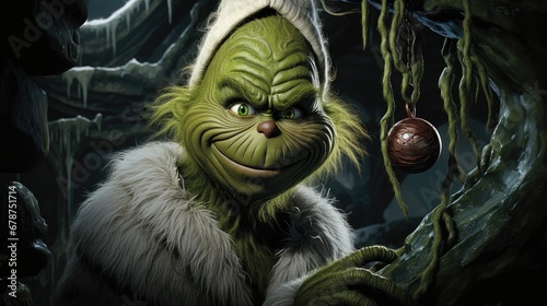  a green troll with a christmas ornament hanging from it's ear in front of a cave with icing and icing on it's walls.