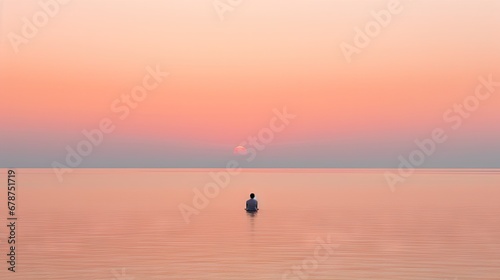  a person standing in the middle of a large body of water with the sun setting in the sky above the water and behind them is a pink and orange sky.