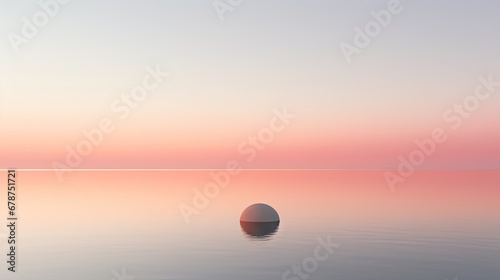  an egg sitting in the middle of a body of water with a pink and blue sky in the background and a pink and blue sky in the middle of the background.