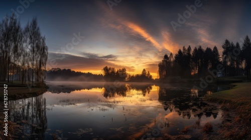  a body of water with trees in the background and a sunset in the middle of the water with clouds in the sky and in the middle of the water is a body of water.