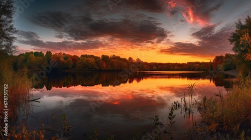  a lake surrounded by tall grass and trees with a colorful sunset in the background with clouds in the sky and in the foreground is a body of water with reeds in the foreground.