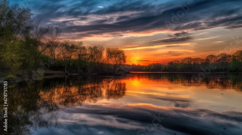  the sun is setting over a lake with trees in the foreground and a few clouds in the sky over the water and trees on the other side of the water. © Shanti