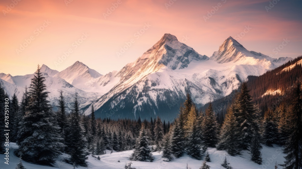  a mountain range covered in snow with pine trees in the foreground and a pink sky in the background with a few clouds in the upper half of the picture.