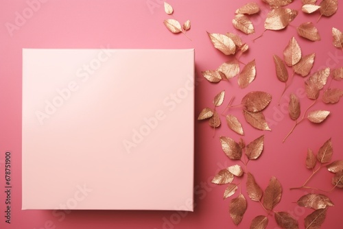 Pink box and gold leaves on pink background template layout