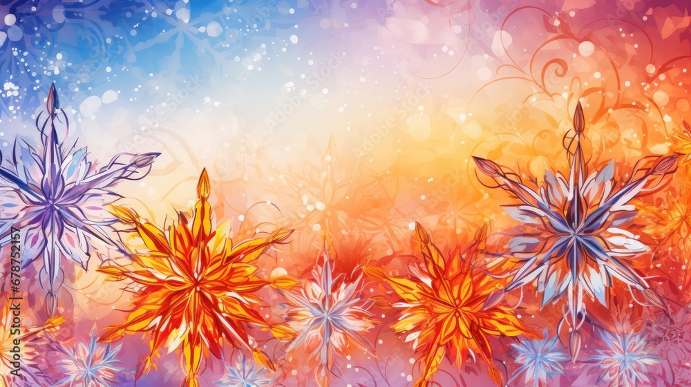 a painting of a bunch of flowers on a blue, yellow, orange and pink background with swirls and snowflakes on the bottom of the image and bottom half of the image. a painting of a bunch of flowers on a blue, yellow, orange and pink background with swirls and snowflakes on the bottom of the image and bottom half of the image.